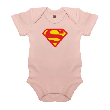Superman, Βρεφικό φορμάκι μωρού, 0-18 μηνών, ΡΟΖ POWDER, 100% Organic Cotton, κοντομάνικο