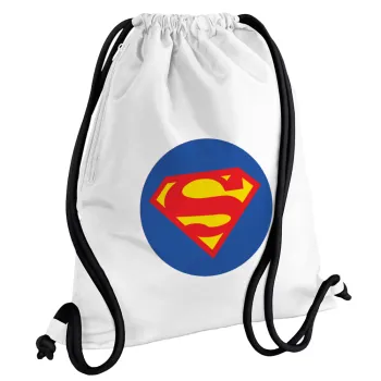 Superman, Τσάντα πλάτης πουγκί GYMBAG λευκή, με τσέπη (40x48cm) & χονδρά κορδόνια