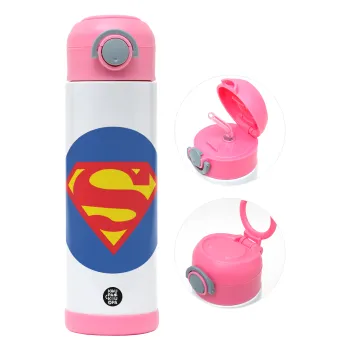 Superman, Children's hot water bottle, stainless steel, with safety straw, PINK (500ml)