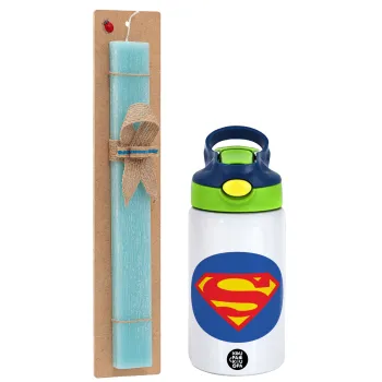 Superman, Easter Set, Children's thermal stainless steel bottle with safety straw, green/blue (350ml) & aromatic flat Easter candle (30cm) (TURQUOISE)
