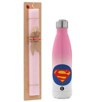 Superman, Easter Set, Metallic pink/white (Stainless steel) thermos, double-walled, 500ml & aromatic flat Easter candle (30cm) (PINK)