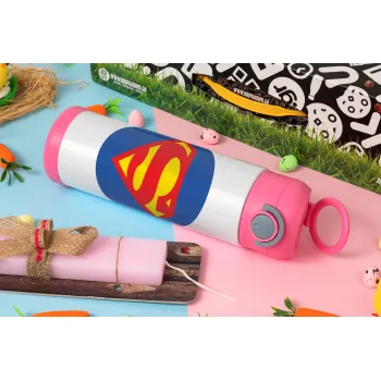 Superman, Πασχαλινή Λαμπάδα με Παιδικό παγούρι θερμό, ανοξείδωτο, με καλαμάκι ασφαλείας, ΡΟΖ (500ml)