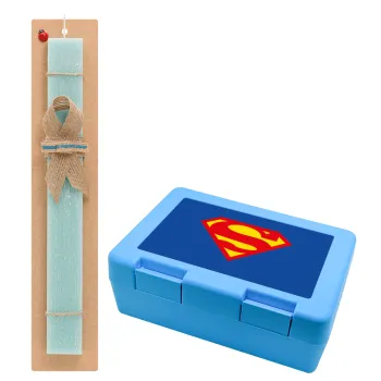 Superman, Easter Set, children's snack container BLUE & Easter aromatic flat candle (30cm) (TURQUOISE)
