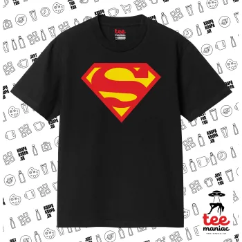 Superman, Κλασικό T-Shirt, διπλής ραφής, χωρίς πλευρικές ραφές ΜΑΥΡΟ από 100% βαμβάκι. Vegan & OEKO-TEX πιστοποιημένο.