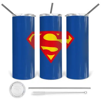 Superman, Tumbler ποτήρι θερμό από ανοξείδωτο ατσάλι 600ml, με μεταλλικό καλαμάκι & βούρτσα καθαρισμού