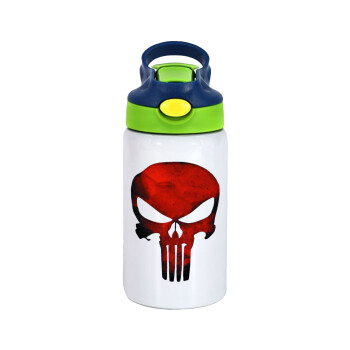 Red skull, Children's hot water bottle, stainless steel, with safety straw, green, blue (350ml)
