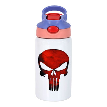 Red skull, Children's hot water bottle, stainless steel, with safety straw, pink/purple (350ml)