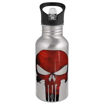 Red skull, Water bottle Silver with straw, stainless steel 500ml