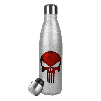 Red skull, Μεταλλικό παγούρι θερμός Glitter Aσημένιο (Stainless steel), διπλού τοιχώματος, 500ml