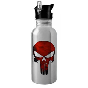 Red skull, Water bottle Silver with straw, stainless steel 600ml