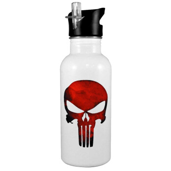 Red skull, White water bottle with straw, stainless steel 600ml