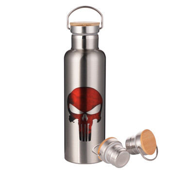 Red skull, Stainless steel Silver with wooden lid (bamboo), double wall, 750ml