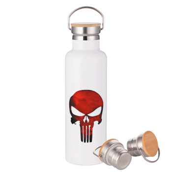 Red skull, Stainless steel White with wooden lid (bamboo), double wall, 750ml