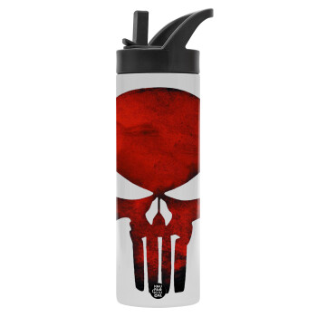 Red skull, Μεταλλικό παγούρι θερμός με καλαμάκι & χειρολαβή, ανοξείδωτο ατσάλι (Stainless steel 304), διπλού τοιχώματος, 600ml