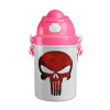 Red skull, Ροζ παιδικό παγούρι πλαστικό (BPA-FREE) με καπάκι ασφαλείας, κορδόνι και καλαμάκι, 400ml