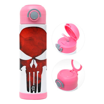 Red skull, Children's hot water bottle, stainless steel, with safety straw, PINK (500ml)