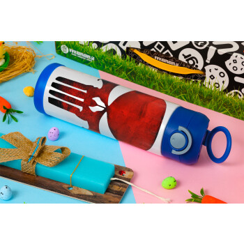 Red skull, Easter candle, Childrens hot water bottle, stainless steel, with safety straw, BLUE (500ml)