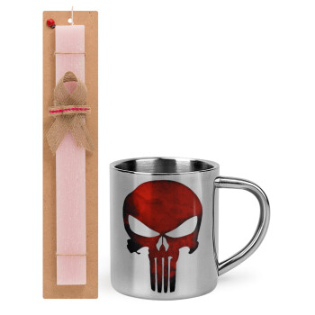 Red skull, Easter Set, metallic thermal cup (300ml) & aromatic flat Easter candle (30cm) (PINK)