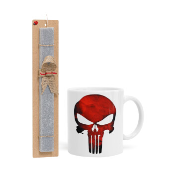 Red skull, Easter Set, Ceramic Cup (330ml) & Easter aromatic flat candle (30cm) (GRAY)