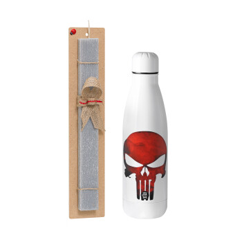 Red skull, Easter Set, metallic stainless thermos bottle (500ml) & scented flat Easter candle (30cm) (GRAY)