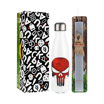 Red skull, Easter candle, metallic white thermos bottle (500ml) & aromatic flat candle (30cm) (GRAY)