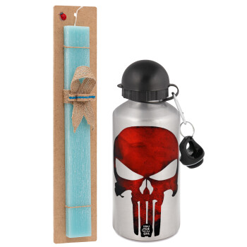Red skull, Easter Set, metallic silver aluminum water bottle (500ml) & scented flat Easter candle (30cm) (TURQUOISE)