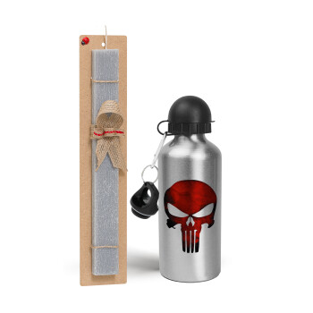Red skull, Easter Set, metallic silver aluminum water bottle (500ml) & aromatic flat Easter candle (30cm) (GRAY)