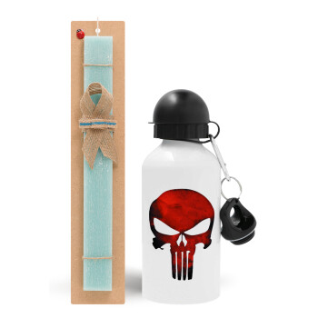 Red skull, Easter Set, metallic aluminum water bottle (500ml) & scented flat candle (30cm) (TURQUOISE)