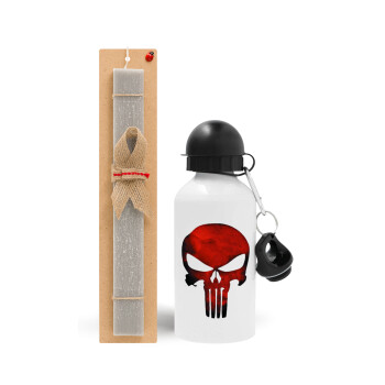 Red skull, Easter Set, metallic aluminum water bottle (500ml) & aromatic flat Easter candle (30cm) (GRAY)