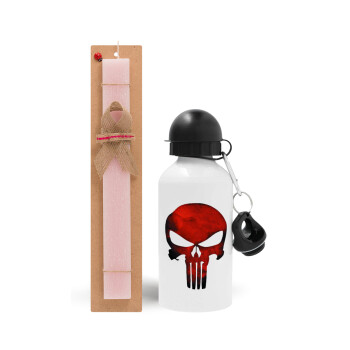 Red skull, Easter Set, metallic aluminum bottle (500ml) & aromatic flat Easter candle (30cm) (PINK)