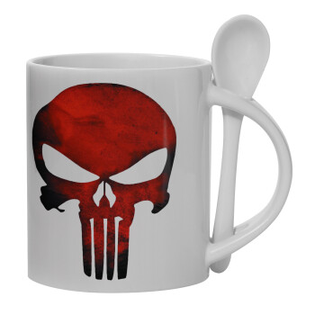 Red skull, Ceramic coffee mug with Spoon, 330ml (1pcs)