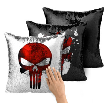 Red skull, Μαξιλάρι καναπέ Μαγικό Μαύρο με πούλιες 40x40cm περιέχεται το γέμισμα