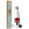 Easter Set, metallic stainless steel water bottle (750ml) & aromatic flat Easter candle (30cm) (TURQUOISE)