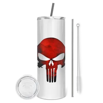 Red skull, Tumbler ποτήρι θερμό από ανοξείδωτο ατσάλι 600ml, με μεταλλικό καλαμάκι & βούρτσα καθαρισμού