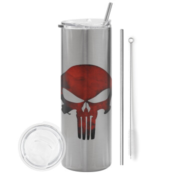 Red skull, Eco friendly stainless steel Silver tumbler 600ml, with metal straw & cleaning brush