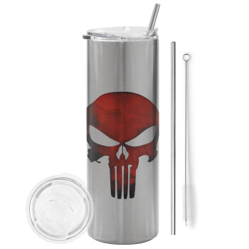 Red skull, Tumbler stainless steel Silver 600ml, with metal straw & cleaning brush