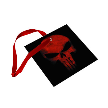 Red skull, Χριστουγεννιάτικο στολίδι γυάλινο τετράγωνο 9x9cm