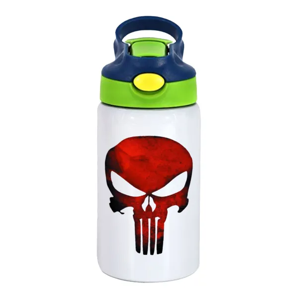 Red skull — Children's hot water bottle, stainless steel, with safety straw, green, blue (350ml)