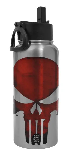 Red skull — Μεταλλικό παγούρι θερμός Silver με καλαμάκι και χερούλι (Stainless steel), διπλού τοιχώματος, 950ml