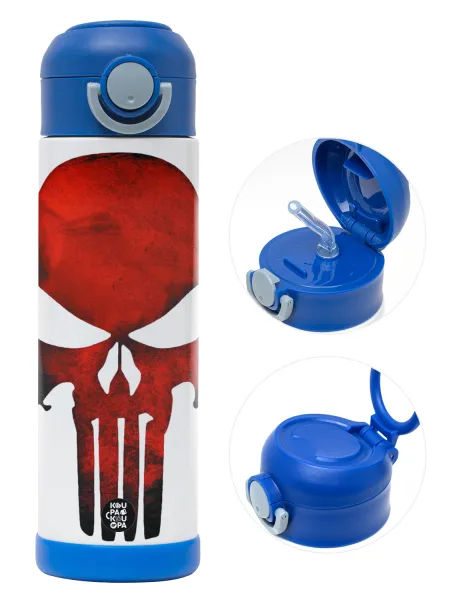 Red skull — Children's hot water bottle, stainless steel, with safety straw, BLUE (500ml)