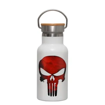 Red skull, Μεταλλικό παγούρι θερμός (Stainless steel) Λευκό με ξύλινο καπακι (bamboo), διπλού τοιχώματος, 350ml