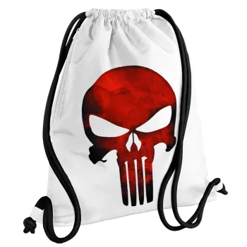 Red skull, Τσάντα πλάτης πουγκί GYMBAG λευκή, με τσέπη (40x48cm) & χονδρά κορδόνια