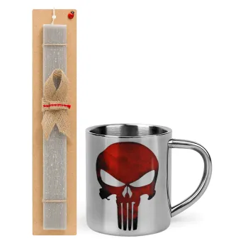 Red skull, Easter Set, metallic thermal cup (300ml) & Easter aromatic flat candle (30cm) (GRAY)
