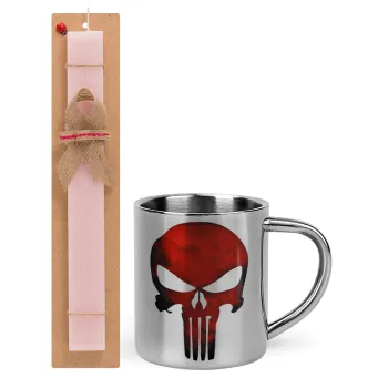 Red skull, Easter Set, metallic thermal cup (300ml) & aromatic flat Easter candle (30cm) (PINK)