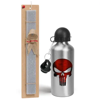 Red skull, Easter Set, metallic silver aluminum water bottle (500ml) & aromatic flat Easter candle (30cm) (GRAY)