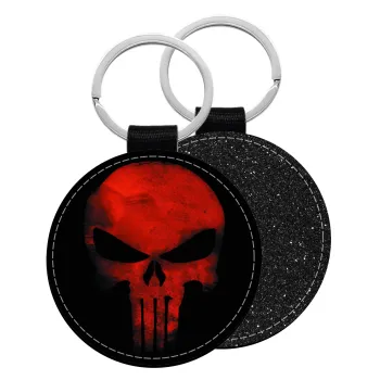 Red skull, Μπρελόκ Δερματίνη, στρογγυλό ΜΑΥΡΟ (5cm)