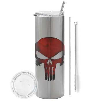 Red skull, Tumbler ποτήρι θερμό Ασημένιο από ανοξείδωτο ατσάλι 600ml, με μεταλλικό καλαμάκι & βούρτσα καθαρισμού