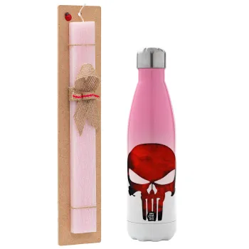 Red skull, Easter Set, Metallic pink/white (Stainless steel) thermos, double-walled, 500ml & aromatic flat Easter candle (30cm) (PINK)