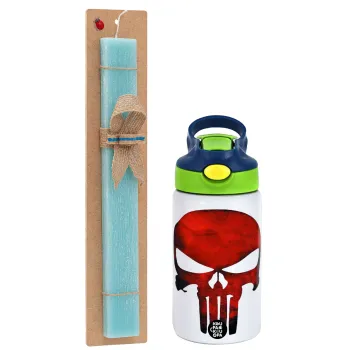 Red skull, Easter Set, Children's thermal stainless steel bottle with safety straw, green/blue (350ml) & aromatic flat Easter candle (30cm) (TURQUOISE)