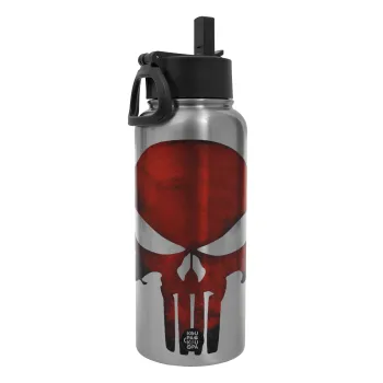 Red skull, Μεταλλικό παγούρι θερμός Silver με καλαμάκι και χερούλι (Stainless steel), διπλού τοιχώματος, 950ml